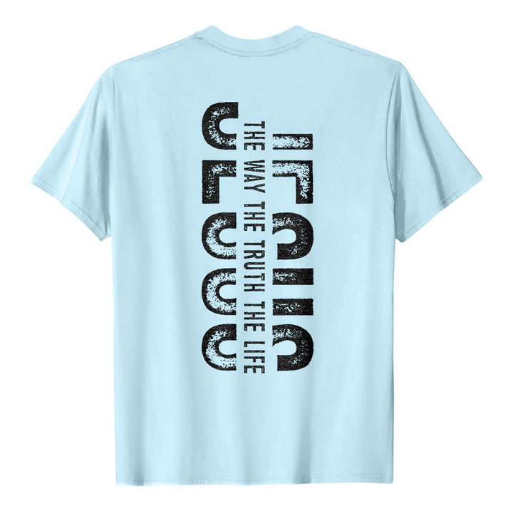 Christianartworkshop Premium Kurzarm-T-Shirt mit gekreuzten Vorder- und Rückseiten, vertikalem Used-Look und Aufdruck: JESUS ​​– Der Weg, die Wahrheit, das Leben - image 11