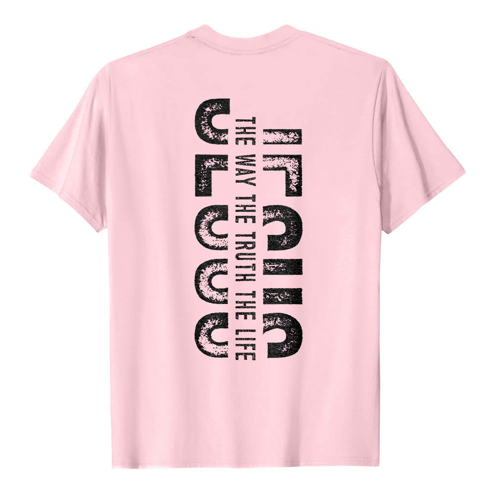 Christianartworkshop Premium Kurzarm-T-Shirt mit gekreuzten Vorder- und Rückseiten, vertikalem Used-Look und Aufdruck: JESUS ​​– Der Weg, die Wahrheit, das Leben - image 26