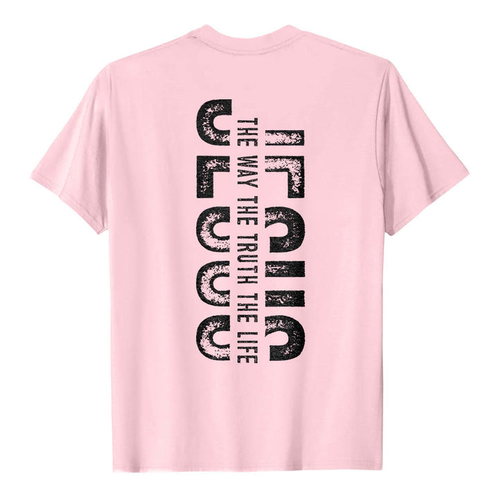 Christianartworkshop Premium Kurzarm-T-Shirt mit gekreuzten Vorder- und Rückseiten, vertikalem Used-Look und Aufdruck: JESUS ​​– Der Weg, die Wahrheit, das Leben - image 26