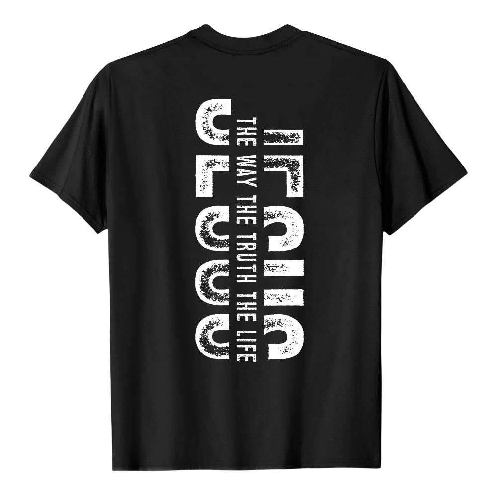 Christianartworkshop Premium Kurzarm-T-Shirt mit gekreuzten Vorder- und Rückseiten, vertikalem Used-Look und Aufdruck: JESUS ​​– Der Weg, die Wahrheit, das Leben - image 17