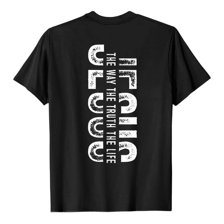 Christianartworkshop Premium Kurzarm-T-Shirt mit gekreuzten Vorder- und Rückseiten, vertikalem Used-Look und Aufdruck: JESUS ​​– Der Weg, die Wahrheit, das Leben - image 17
