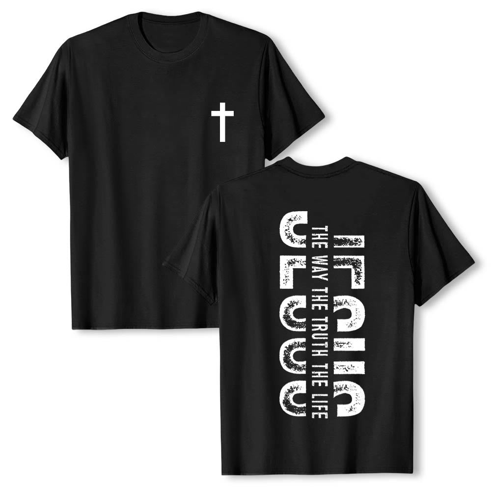 Christianartworkshop Premium Kurzarm-T-Shirt mit gekreuzten Vorder- und Rückseiten, vertikalem Used-Look und Aufdruck: JESUS ​​– Der Weg, die Wahrheit, das Leben - Schwarz - 2XL - image 15