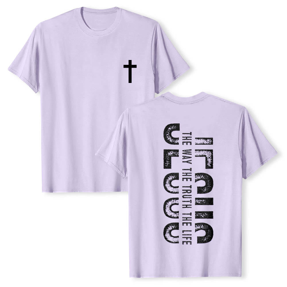 Christianartworkshop Premium Kurzarm-T-Shirt mit gekreuzten Vorder- und Rückseiten, vertikalem Used-Look und Aufdruck: JESUS ​​– Der Weg, die Wahrheit, das Leben - Lila - 2XL - image 12