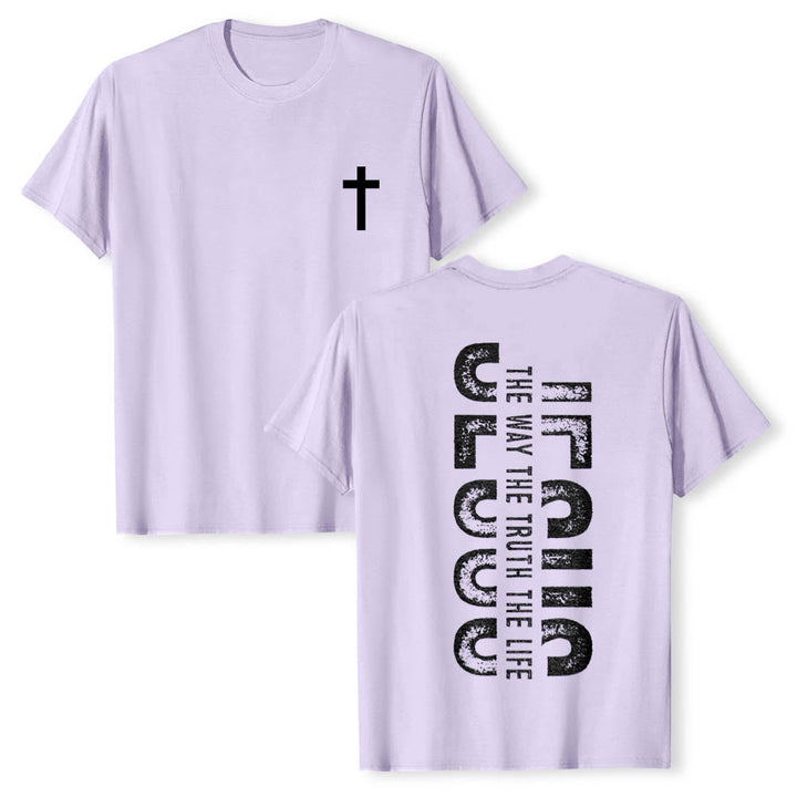 Christianartworkshop Premium Kurzarm-T-Shirt mit gekreuzten Vorder- und Rückseiten, vertikalem Used-Look und Aufdruck: JESUS ​​– Der Weg, die Wahrheit, das Leben - Lila - 2XL - image 12