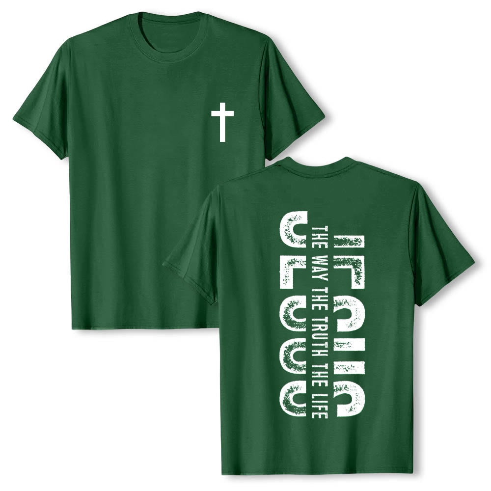 Christianartworkshop Premium Kurzarm-T-Shirt mit gekreuzten Vorder- und Rückseiten, vertikalem Used-Look und Aufdruck: JESUS ​​– Der Weg, die Wahrheit, das Leben - Dunkelgrün - 2XL - image 6