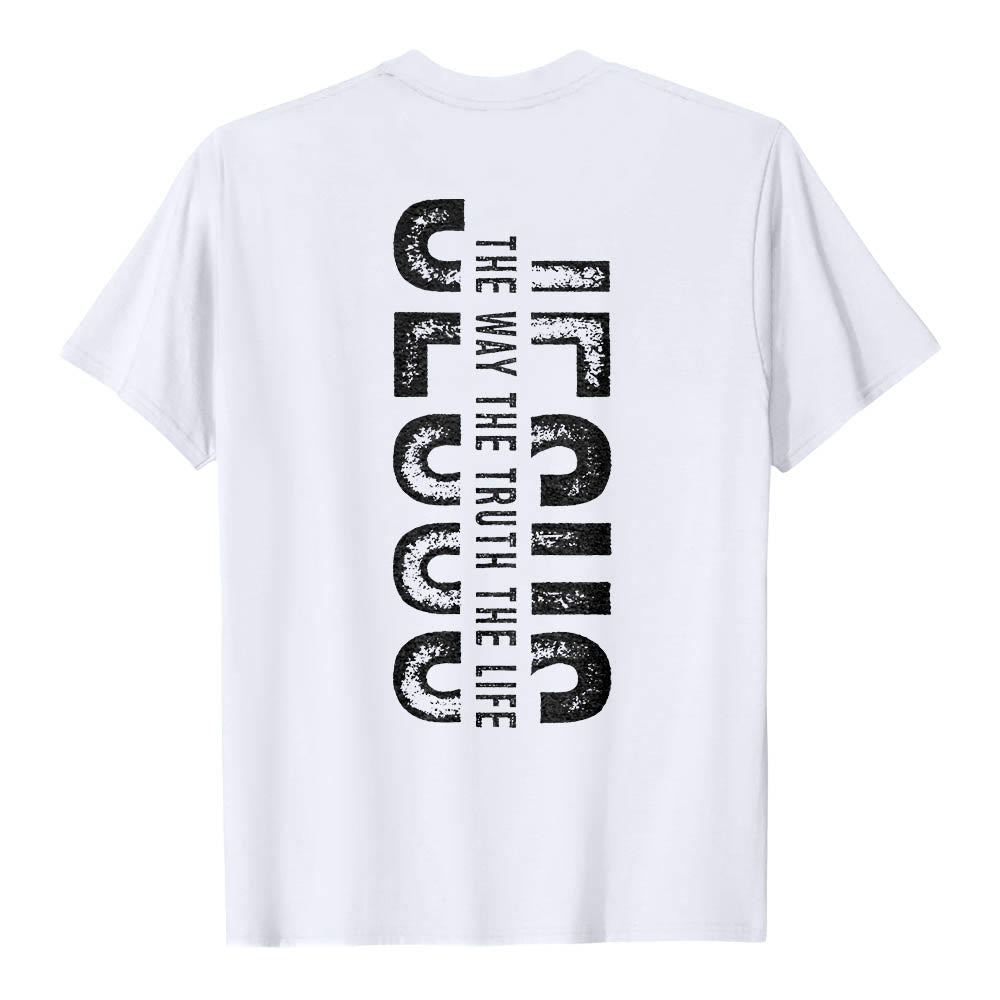 Christianartworkshop Premium Kurzarm-T-Shirt mit gekreuzten Vorder- und Rückseiten, vertikalem Used-Look und Aufdruck: JESUS ​​– Der Weg, die Wahrheit, das Leben - image 5