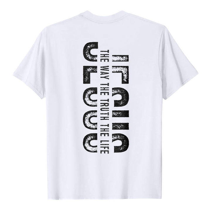 Christianartworkshop Premium Kurzarm-T-Shirt mit gekreuzten Vorder- und Rückseiten, vertikalem Used-Look und Aufdruck: JESUS ​​– Der Weg, die Wahrheit, das Leben - image 5
