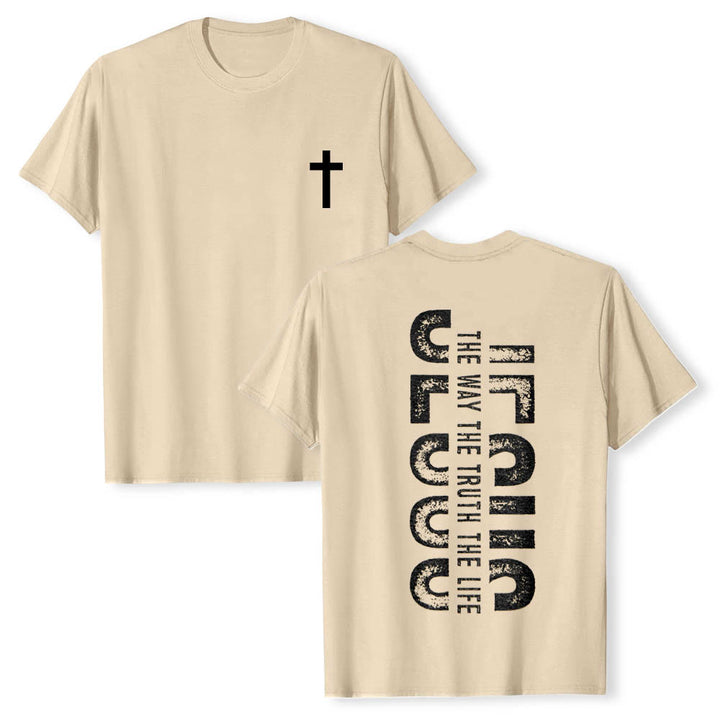 Christianartworkshop Premium Kurzarm-T-Shirt mit gekreuzten Vorder- und Rückseiten, vertikalem Used-Look und Aufdruck: JESUS ​​– Der Weg, die Wahrheit, das Leben - Beige - 2XL - image 18