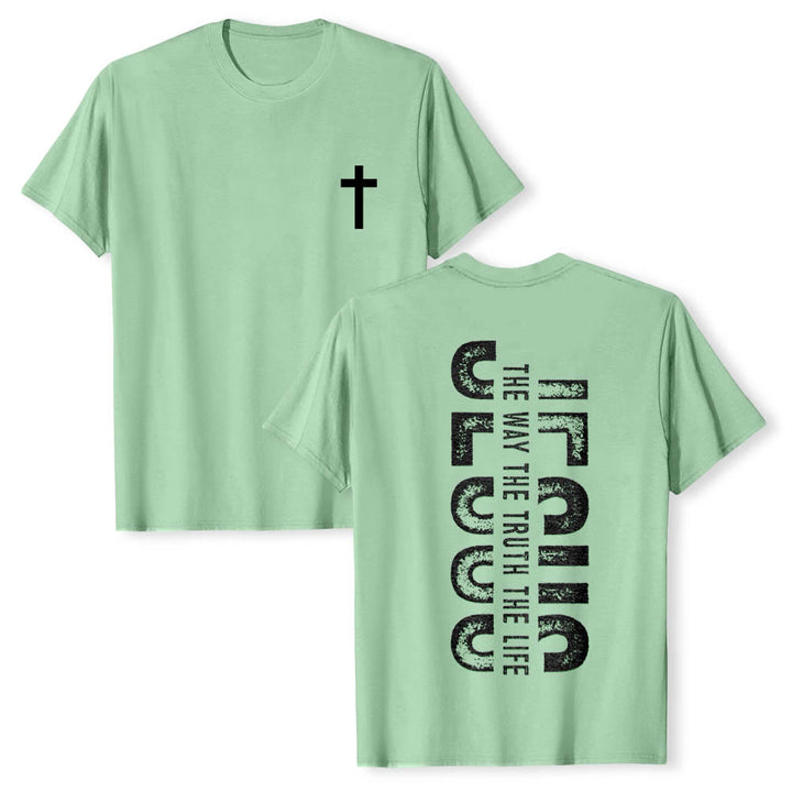 Christianartworkshop Premium Kurzarm-T-Shirt mit gekreuzten Vorder- und Rückseiten, vertikalem Used-Look und Aufdruck: JESUS ​​– Der Weg, die Wahrheit, das Leben - Hellgrün - 2XL - image 21