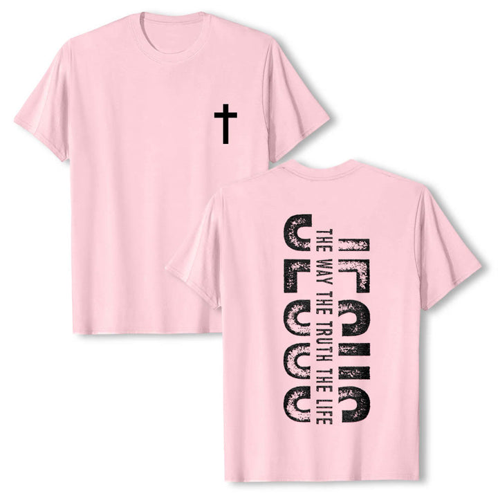 Christianartworkshop Premium Kurzarm-T-Shirt mit gekreuzten Vorder- und Rückseiten, vertikalem Used-Look und Aufdruck: JESUS ​​– Der Weg, die Wahrheit, das Leben - Rosa - 2XL - image 24