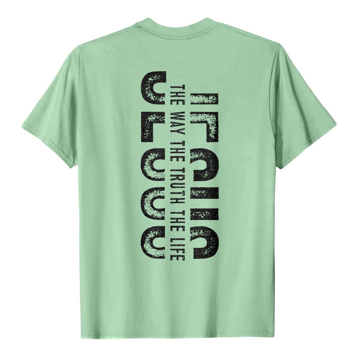 Christianartworkshop Premium Kurzarm-T-Shirt mit gekreuzten Vorder- und Rückseiten, vertikalem Used-Look und Aufdruck: JESUS ​​– Der Weg, die Wahrheit, das Leben - image 23