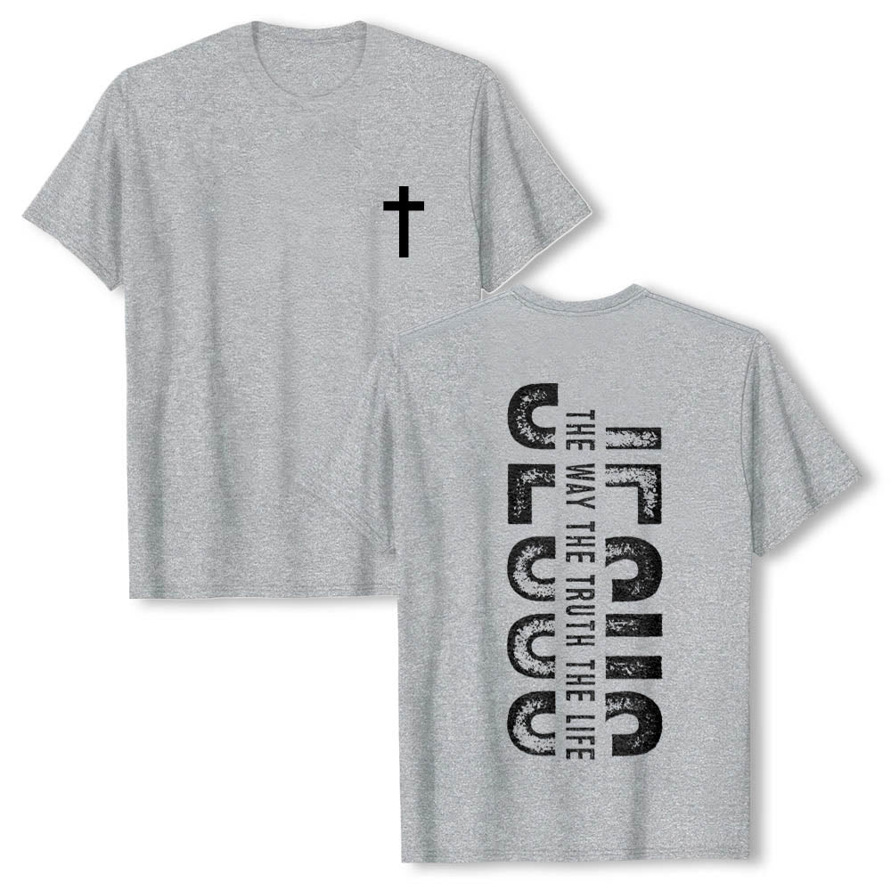Christianartworkshop Premium Kurzarm-T-Shirt mit gekreuzten Vorder- und Rückseiten, vertikalem Used-Look und Aufdruck: JESUS ​​– Der Weg, die Wahrheit, das Leben - Grau - 2XL - image 0