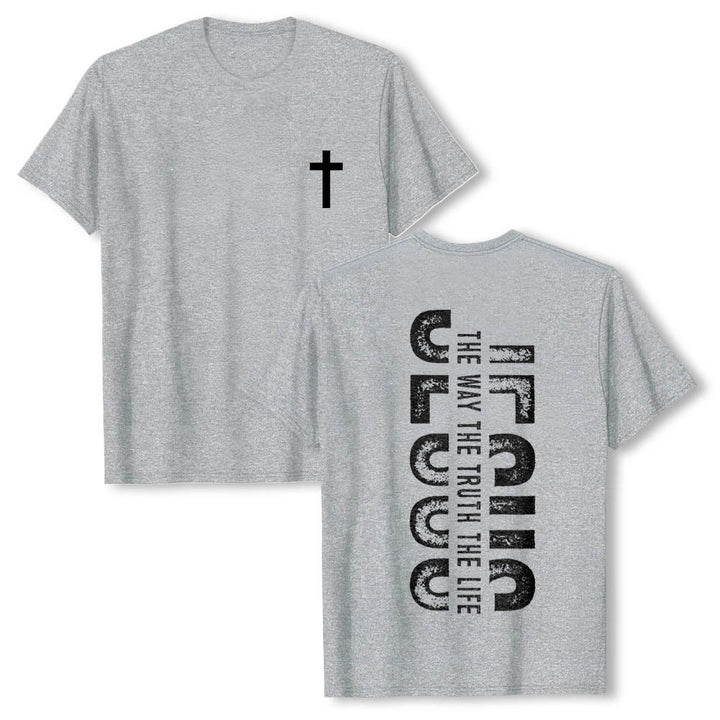 Christianartworkshop Premium Kurzarm-T-Shirt mit gekreuzten Vorder- und Rückseiten, vertikalem Used-Look und Aufdruck: JESUS ​​– Der Weg, die Wahrheit, das Leben - Grau - 2XL - image 0