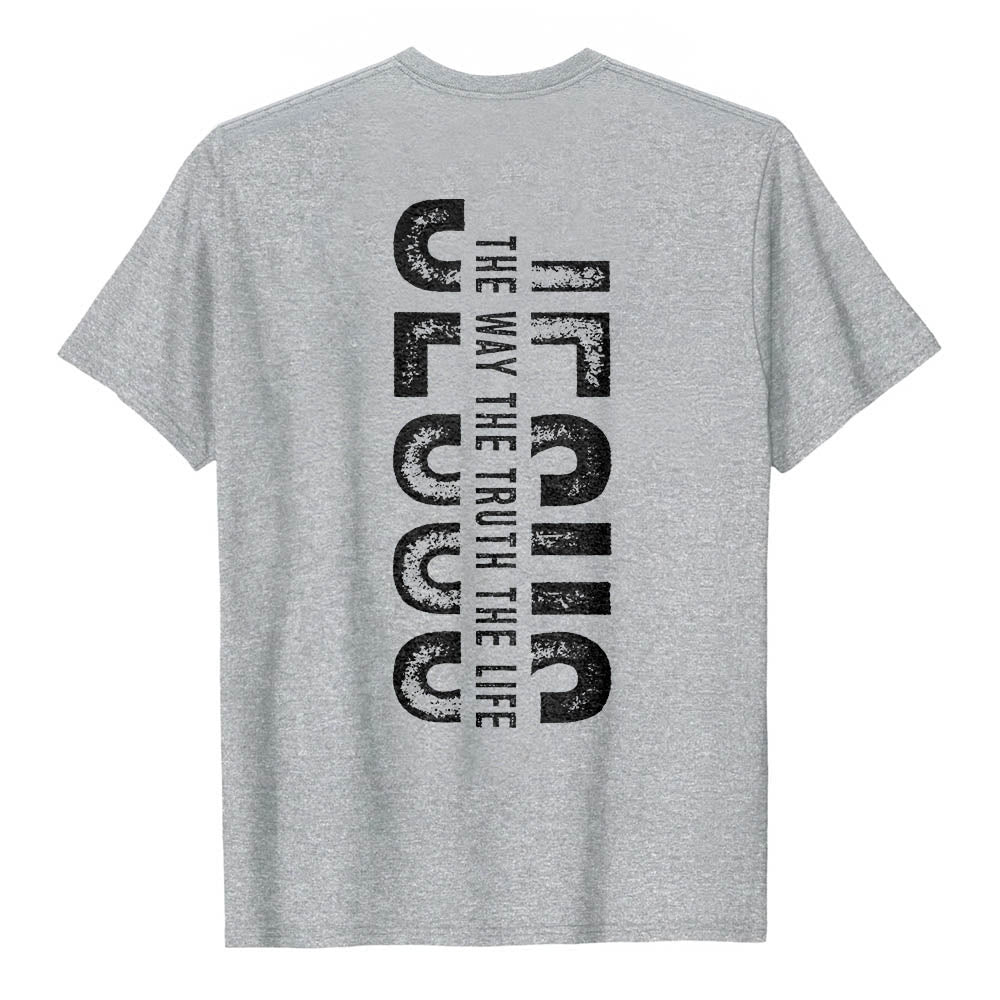 Christianartworkshop Premium Kurzarm-T-Shirt mit gekreuzten Vorder- und Rückseiten, vertikalem Used-Look und Aufdruck: JESUS ​​– Der Weg, die Wahrheit, das Leben - image 2