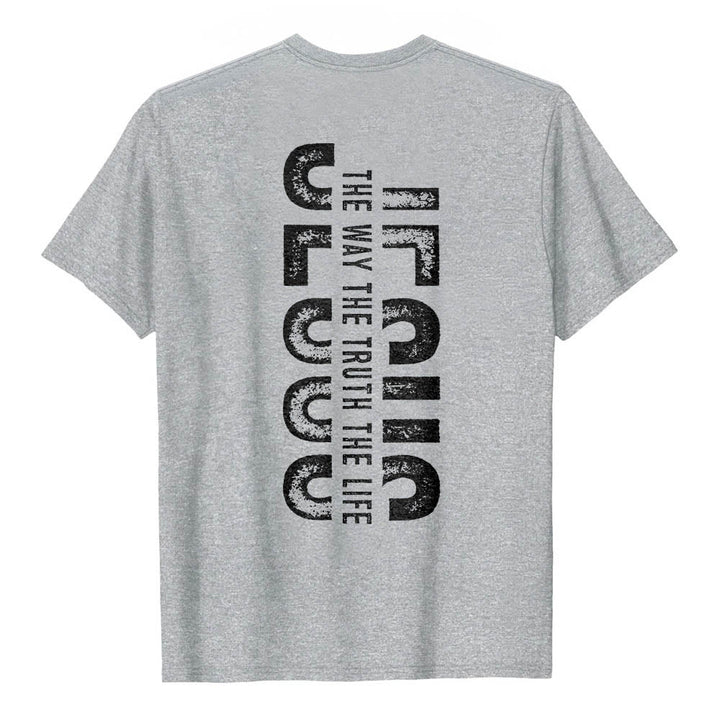 Christianartworkshop Premium Kurzarm-T-Shirt mit gekreuzten Vorder- und Rückseiten, vertikalem Used-Look und Aufdruck: JESUS ​​– Der Weg, die Wahrheit, das Leben - image 2