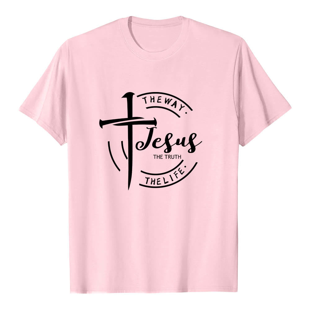 Christianartworkshop Pinselstrich-Kreuz-Kreisrahmen Jesus Der Weg Die Wahrheit Das Leben Premium Kurzarm-T-Shirt - Rosa - 2XL - image 24