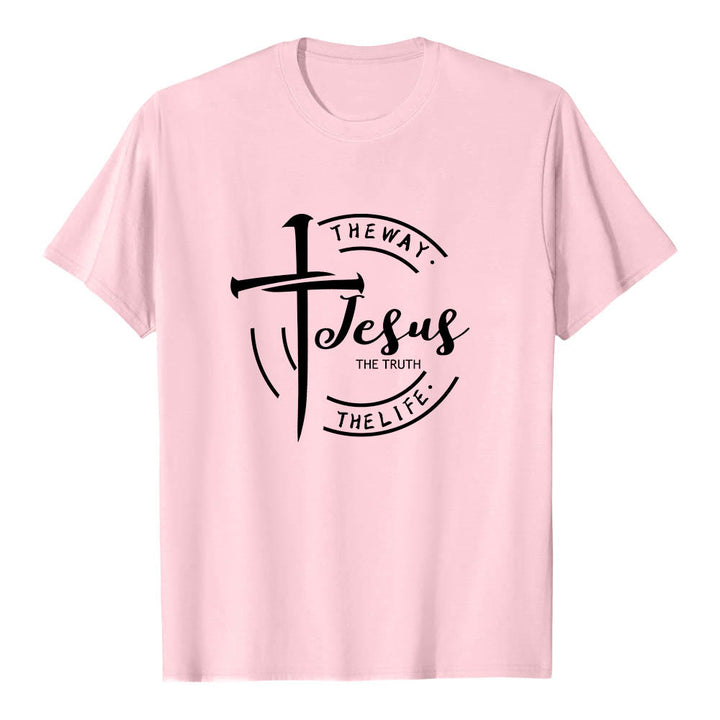 Christianartworkshop Pinselstrich-Kreuz-Kreisrahmen Jesus Der Weg Die Wahrheit Das Leben Premium Kurzarm-T-Shirt - Rosa - 2XL - image 24