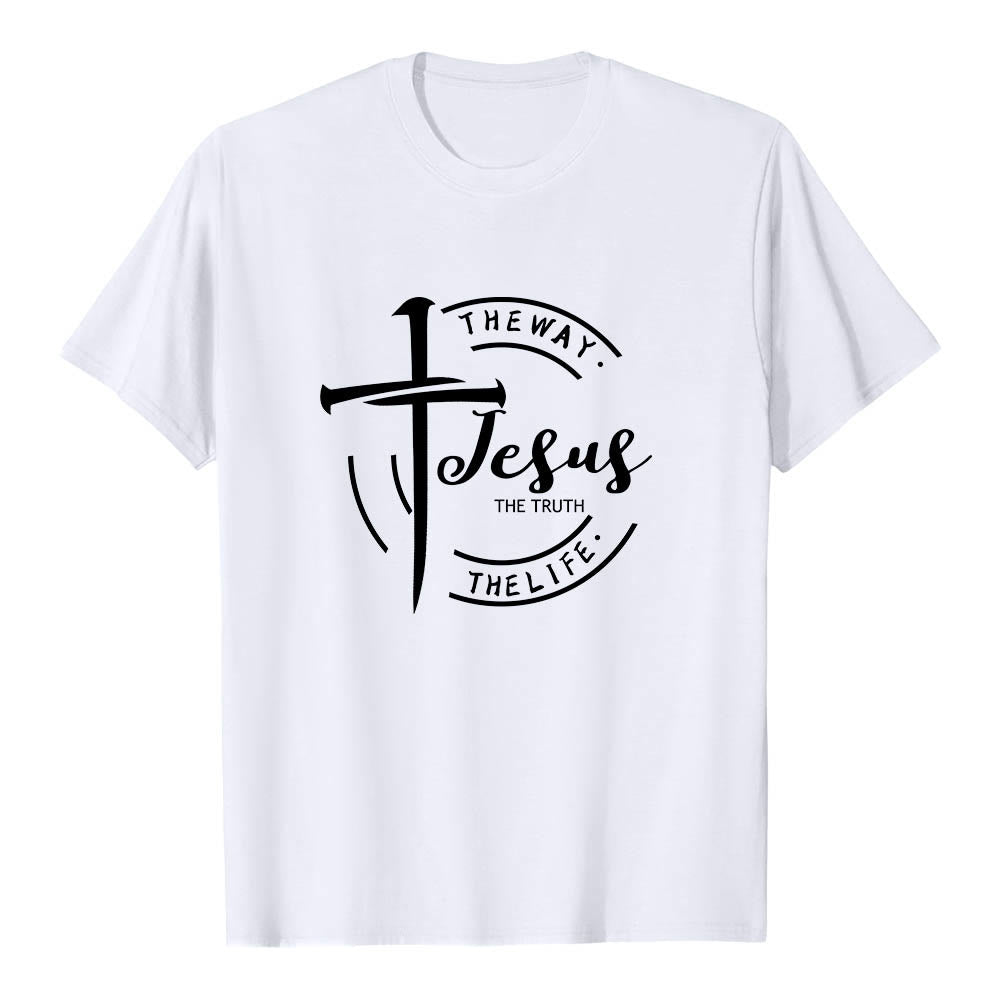Christianartworkshop Pinselstrich-Kreuz-Kreisrahmen Jesus Der Weg Die Wahrheit Das Leben Premium Kurzarm-T-Shirt - Weiß - 2XL - image 3