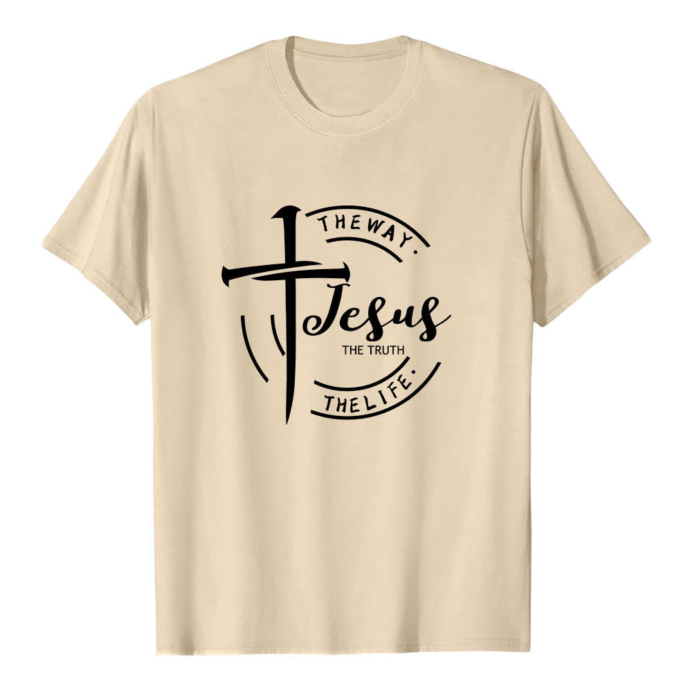 Christianartworkshop Pinselstrich-Kreuz-Kreisrahmen Jesus Der Weg Die Wahrheit Das Leben Premium Kurzarm-T-Shirt - Beige - 2XL - image 18