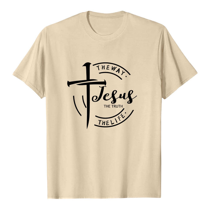Christianartworkshop Pinselstrich-Kreuz-Kreisrahmen Jesus Der Weg Die Wahrheit Das Leben Premium Kurzarm-T-Shirt - Beige - 2XL - image 18
