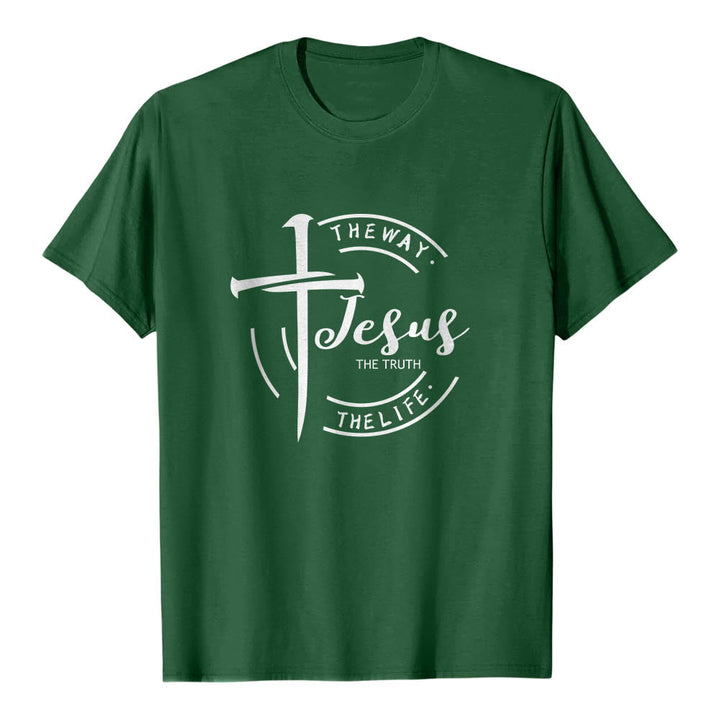 Christianartworkshop Pinselstrich-Kreuz-Kreisrahmen Jesus Der Weg Die Wahrheit Das Leben Premium Kurzarm-T-Shirt - Dunkelgrün - 2XL - image 6