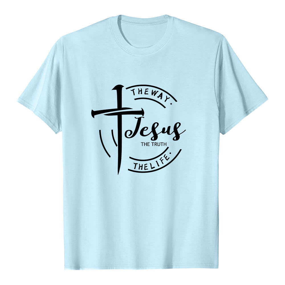 Christianartworkshop Pinselstrich-Kreuz-Kreisrahmen Jesus Der Weg Die Wahrheit Das Leben Premium Kurzarm-T-Shirt - Blau - 2XL - image 9