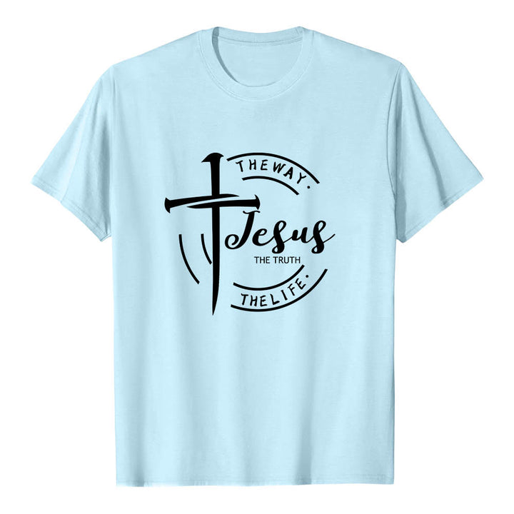 Christianartworkshop Pinselstrich-Kreuz-Kreisrahmen Jesus Der Weg Die Wahrheit Das Leben Premium Kurzarm-T-Shirt - Blau - 2XL - image 9