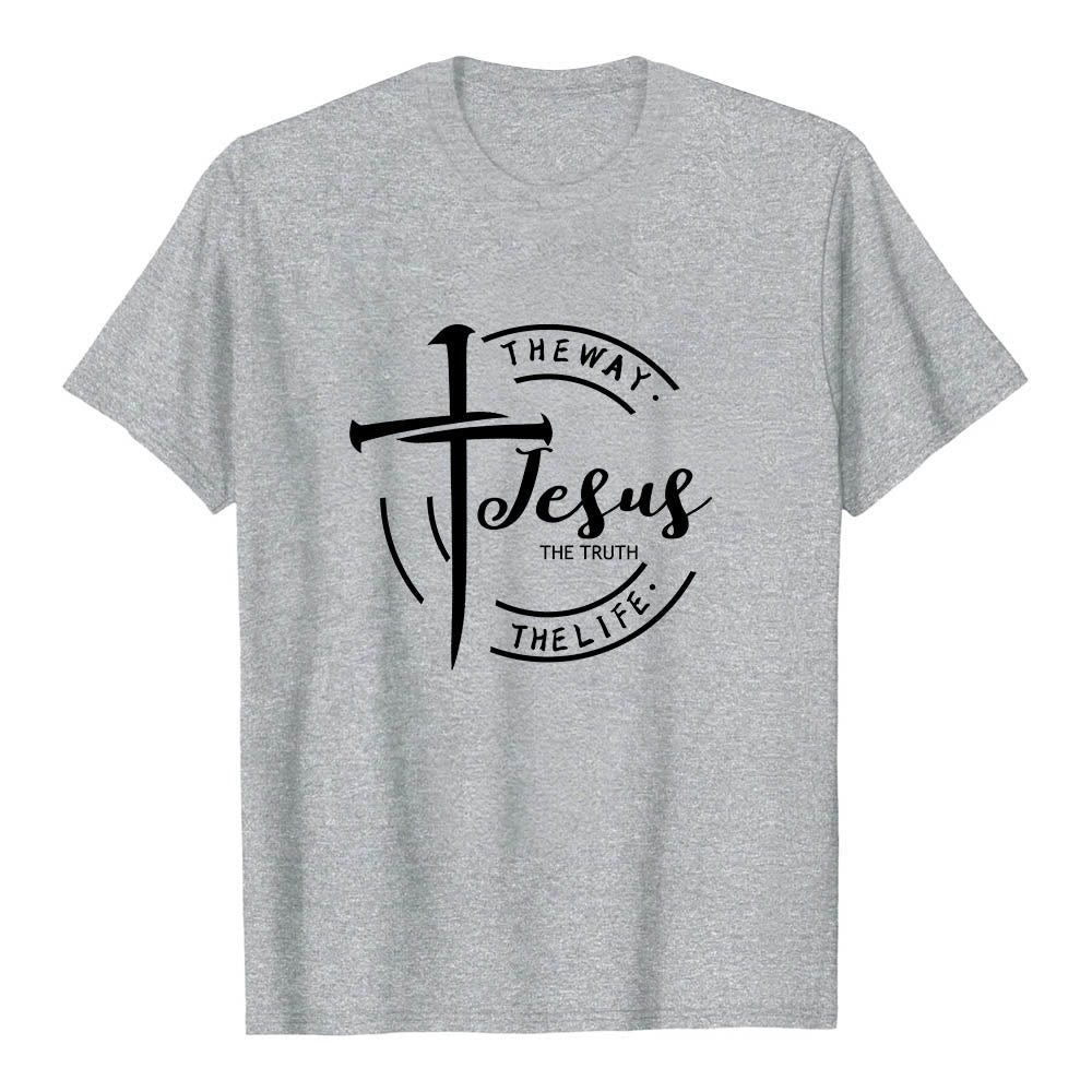 Christianartworkshop Pinselstrich-Kreuz-Kreisrahmen Jesus Der Weg Die Wahrheit Das Leben Premium Kurzarm-T-Shirt - Grau - 2XL - image 0
