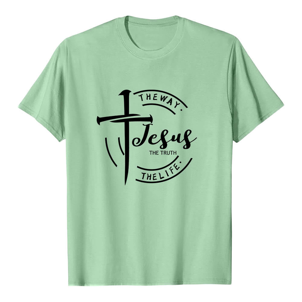Christianartworkshop Pinselstrich-Kreuz-Kreisrahmen Jesus Der Weg Die Wahrheit Das Leben Premium Kurzarm-T-Shirt - Hellgrün - 2XL - image 21