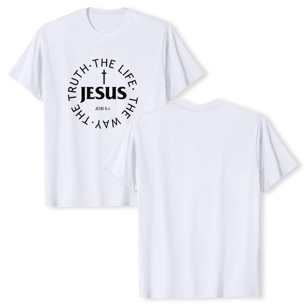 Christianartworkshop Zentriertes Kreuz JESUS ​​Kreisförmiger Verstext Johannes 14:6 Premium Kurzarm-T-Shirt - image 7