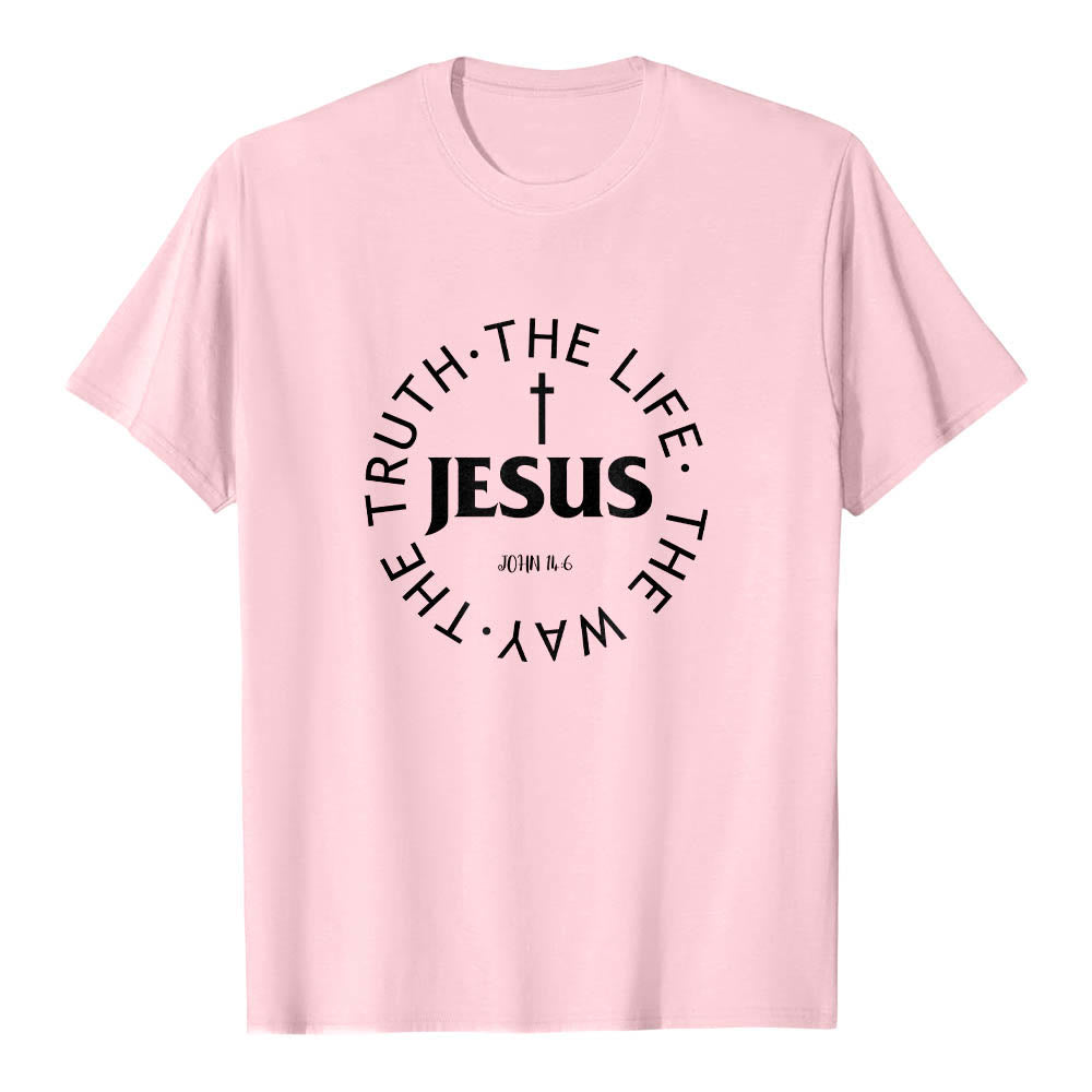 Christianartworkshop Zentriertes Kreuz JESUS ​​Kreisförmiger Verstext Johannes 14:6 Premium Kurzarm-T-Shirt - Rosa - 2XL - image 24