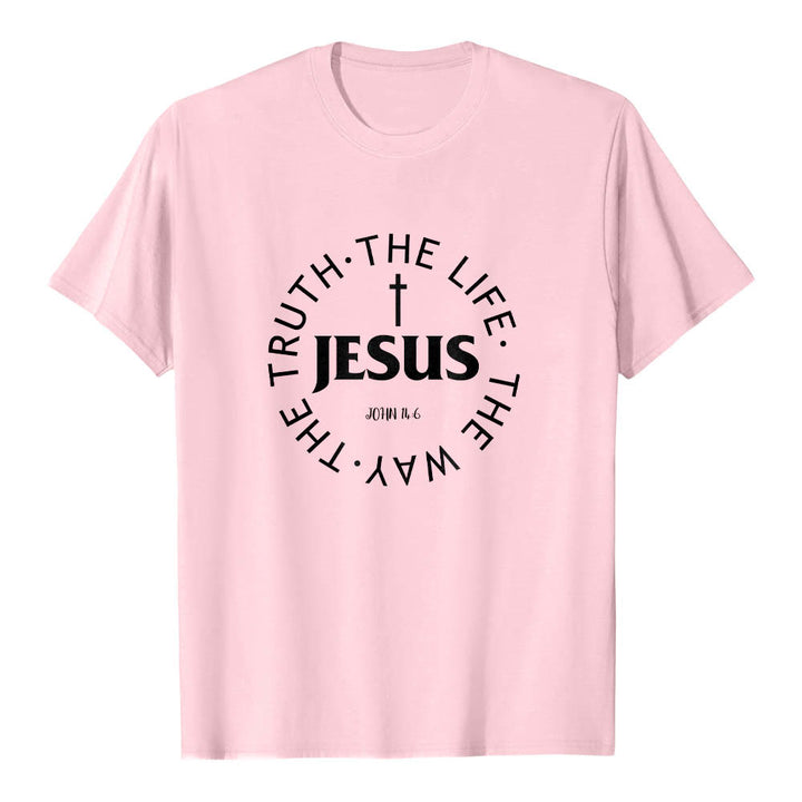 Christianartworkshop Zentriertes Kreuz JESUS ​​Kreisförmiger Verstext Johannes 14:6 Premium Kurzarm-T-Shirt - Rosa - 2XL - image 24