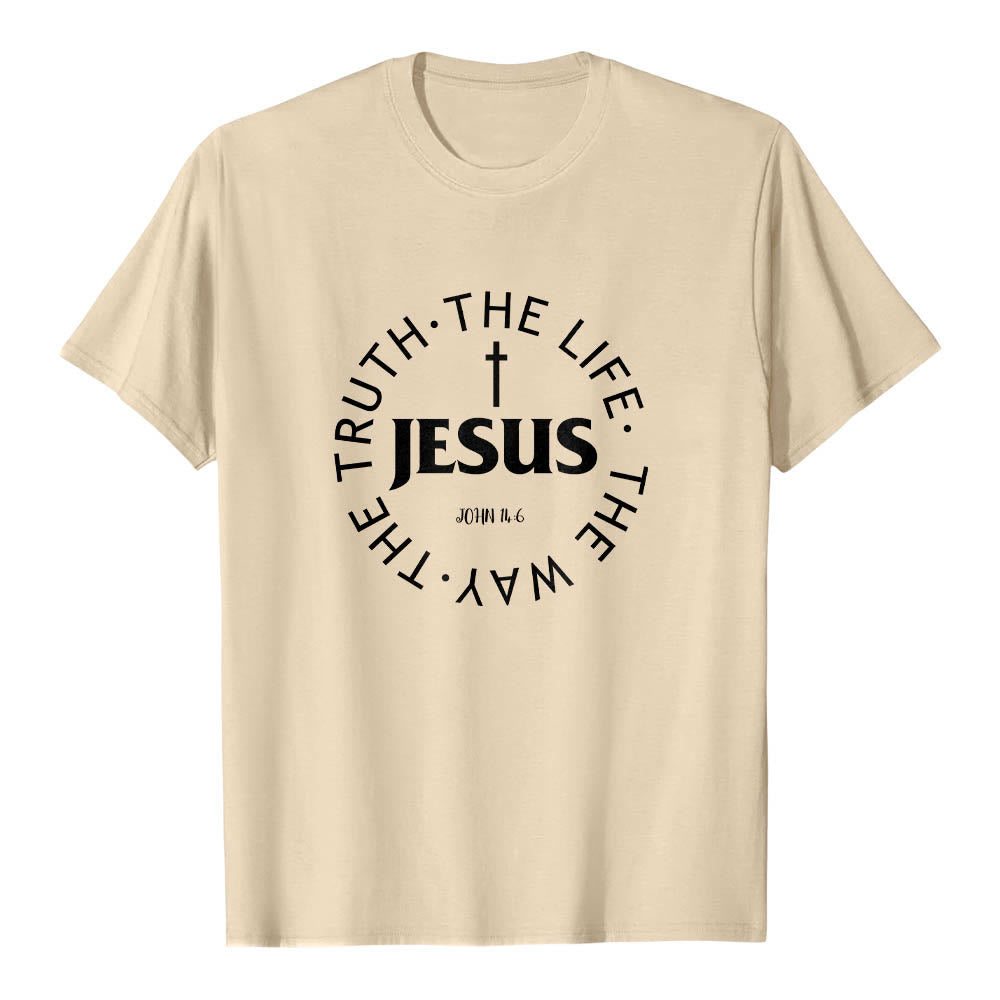 Christianartworkshop Zentriertes Kreuz JESUS ​​Kreisförmiger Verstext Johannes 14:6 Premium Kurzarm-T-Shirt - Beige - 2XL - image 0