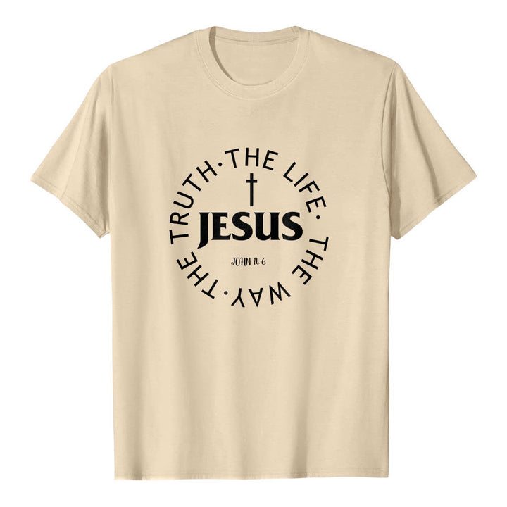 Christianartworkshop Zentriertes Kreuz JESUS ​​Kreisförmiger Verstext Johannes 14:6 Premium Kurzarm-T-Shirt - Beige - 2XL - image 0