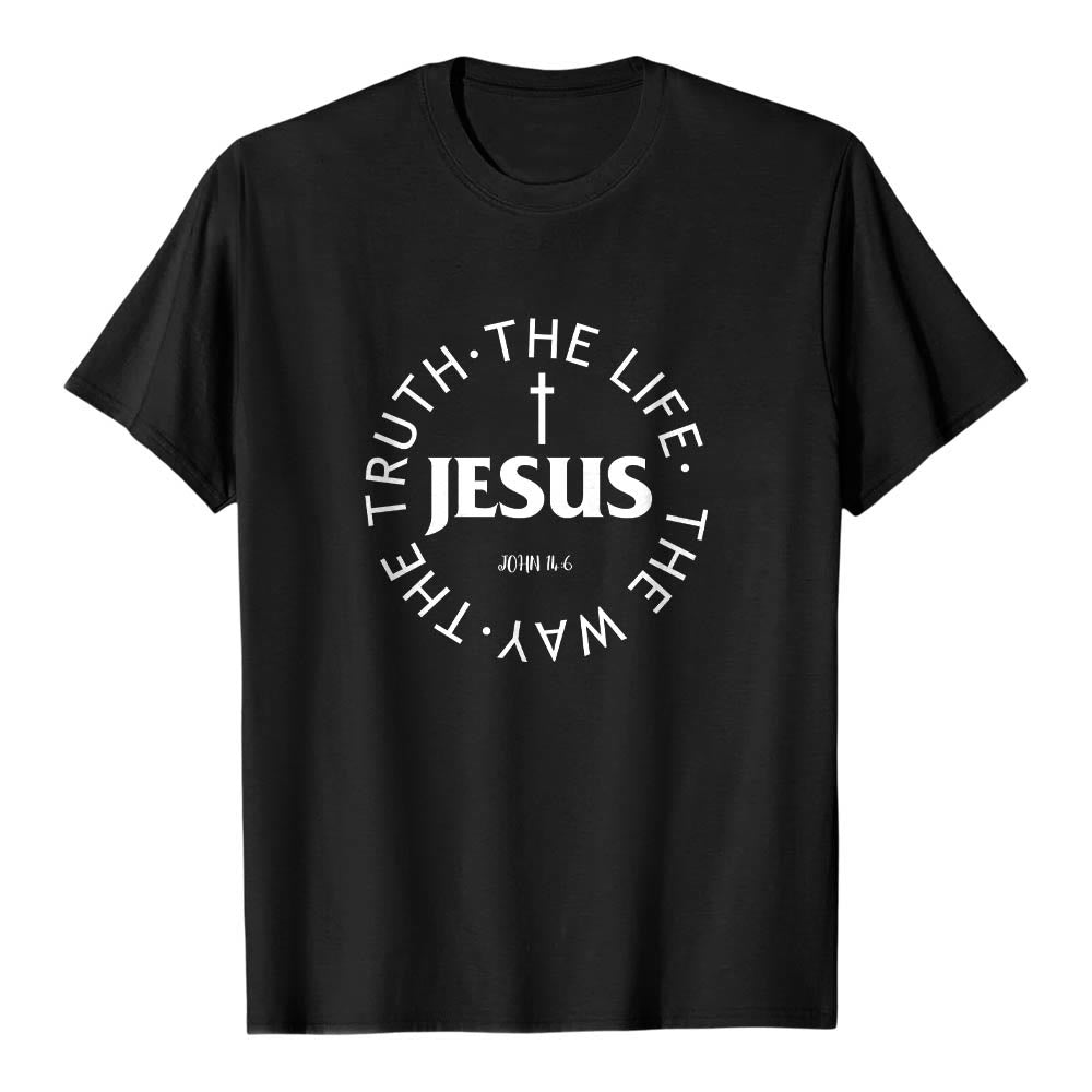 Christianartworkshop Zentriertes Kreuz JESUS ​​Kreisförmiger Verstext Johannes 14:6 Premium Kurzarm-T-Shirt - Schwarz - 2XL - image 18