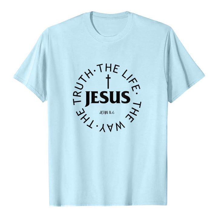 Christianartworkshop Zentriertes Kreuz JESUS ​​Kreisförmiger Verstext Johannes 14:6 Premium Kurzarm-T-Shirt - Blau - 2XL - image 12