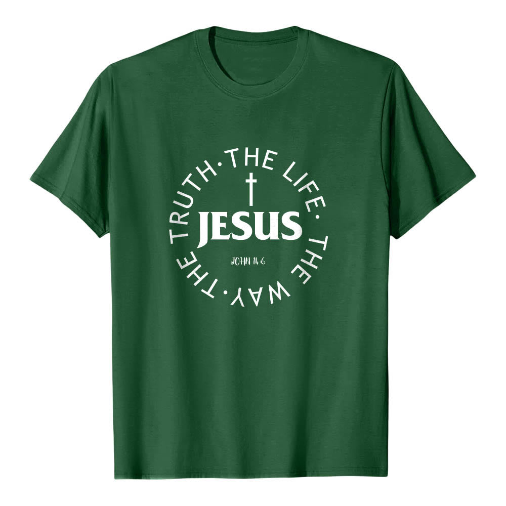 Christianartworkshop Zentriertes Kreuz JESUS ​​Kreisförmiger Verstext Johannes 14:6 Premium Kurzarm-T-Shirt - Dunkelgrün - 2XL - image 9