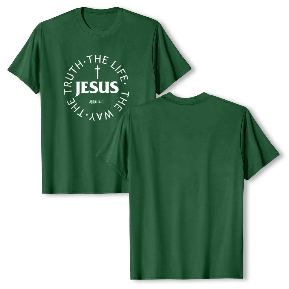 Christianartworkshop Zentriertes Kreuz JESUS ​​Kreisförmiger Verstext Johannes 14:6 Premium Kurzarm-T-Shirt - image 10