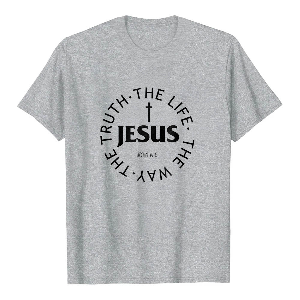 Christianartworkshop Zentriertes Kreuz JESUS ​​Kreisförmiger Verstext Johannes 14:6 Premium Kurzarm-T-Shirt - Grau - 2XL - image 3