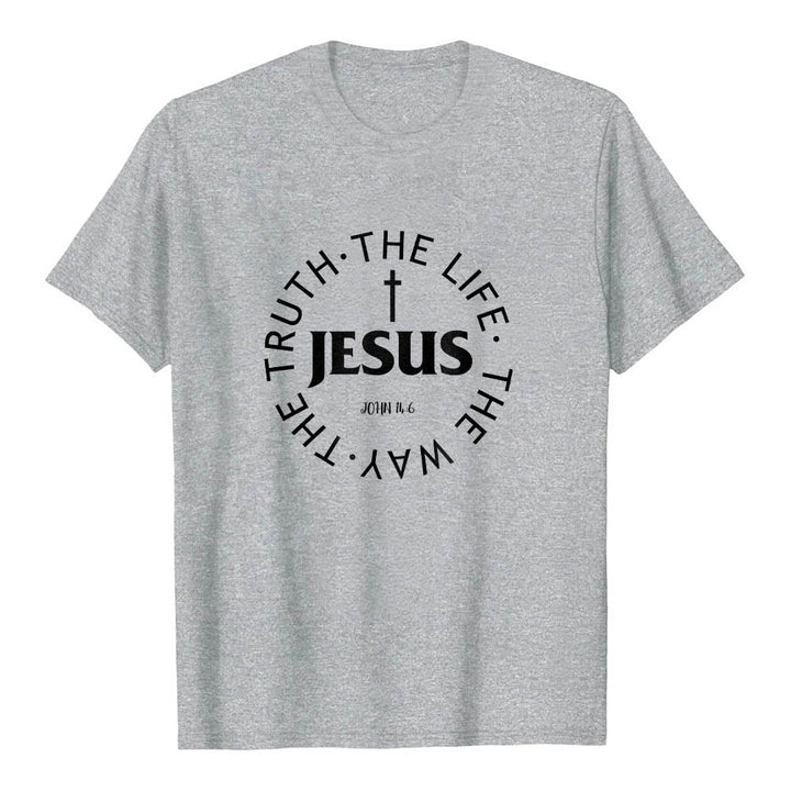 Christianartworkshop Zentriertes Kreuz JESUS ​​Kreisförmiger Verstext Johannes 14:6 Premium Kurzarm-T-Shirt - Grau - 2XL - image 3