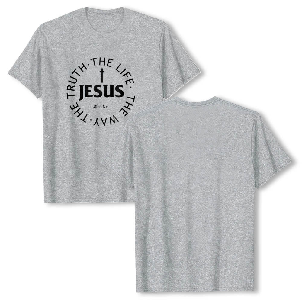 Christianartworkshop Zentriertes Kreuz JESUS ​​Kreisförmiger Verstext Johannes 14:6 Premium Kurzarm-T-Shirt - image 4