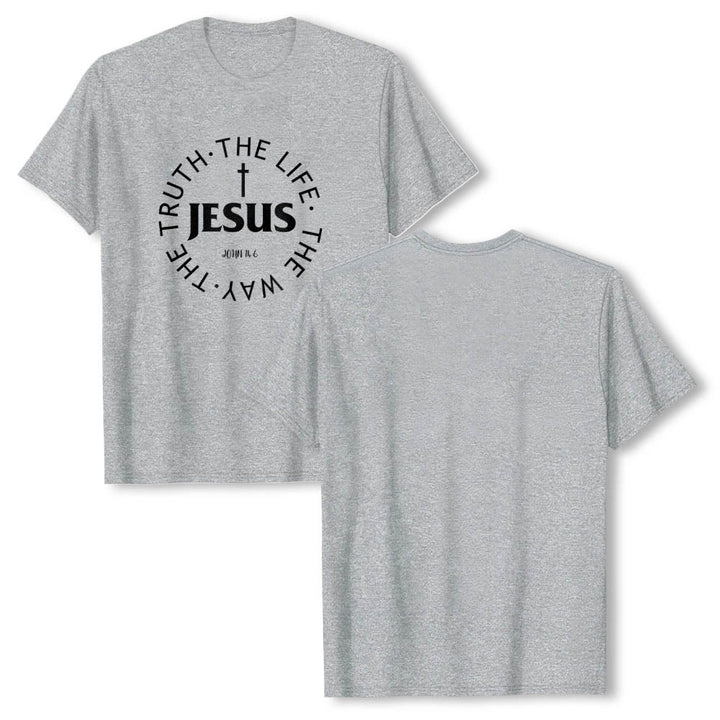Christianartworkshop Zentriertes Kreuz JESUS ​​Kreisförmiger Verstext Johannes 14:6 Premium Kurzarm-T-Shirt - image 4
