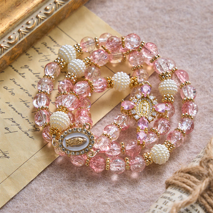 Christianartworkshop Rosenkranz aus glänzendem, transparentem Crackle-Glas mit rosa Farbton und Marienmotiv - image 2
