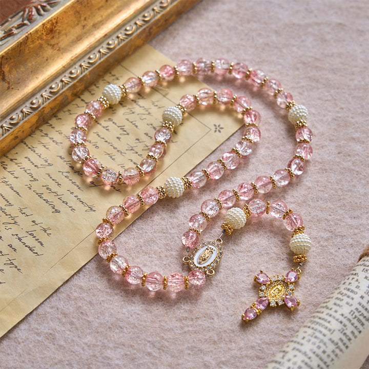 Christianartworkshop Rosenkranz aus glänzendem, transparentem Crackle-Glas mit rosa Farbton und Marienmotiv - Rosenkranz mit rosa Perlen, Mariä Rosenkranz - image 0