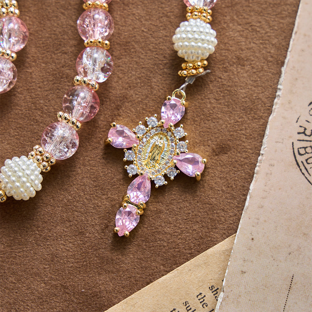 Christianartworkshop Rosenkranz aus glänzendem, transparentem Crackle-Glas mit rosa Farbton und Marienmotiv - image 8