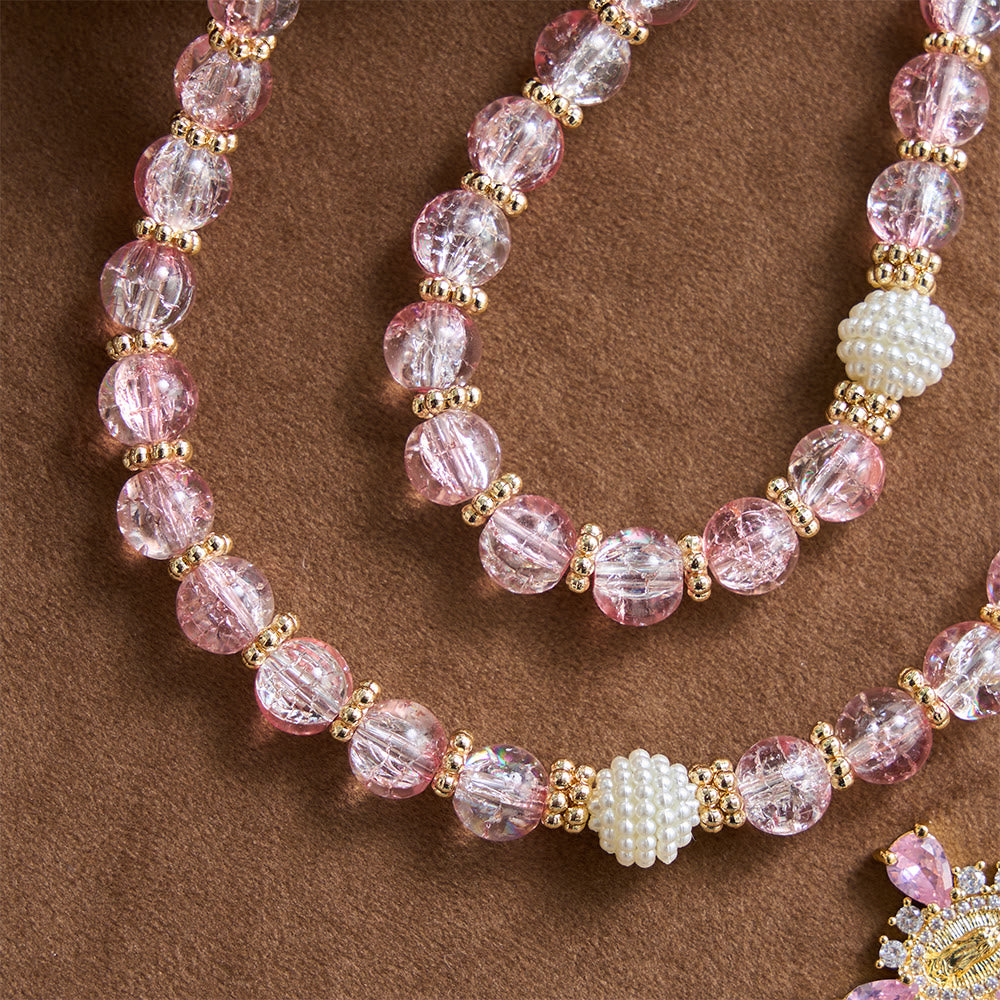Christianartworkshop Rosenkranz aus glänzendem, transparentem Crackle-Glas mit rosa Farbton und Marienmotiv - image 6