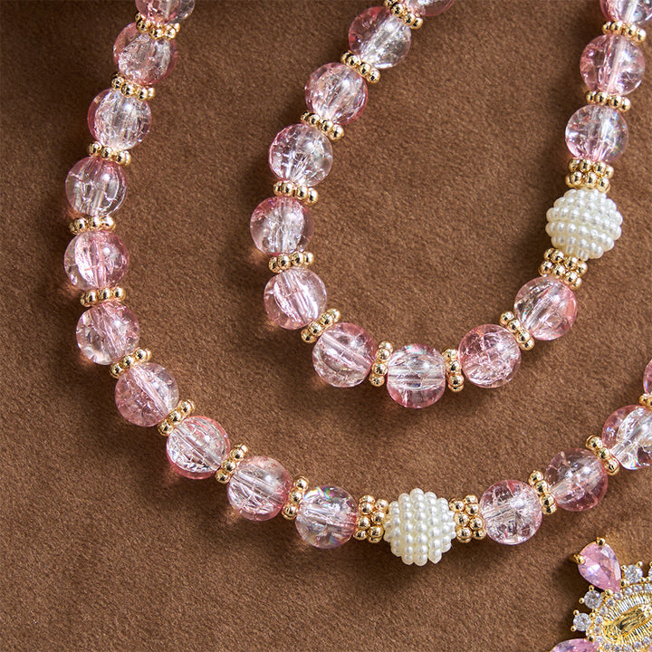 Christianartworkshop Rosenkranz aus glänzendem, transparentem Crackle-Glas mit rosa Farbton und Marienmotiv - image 6