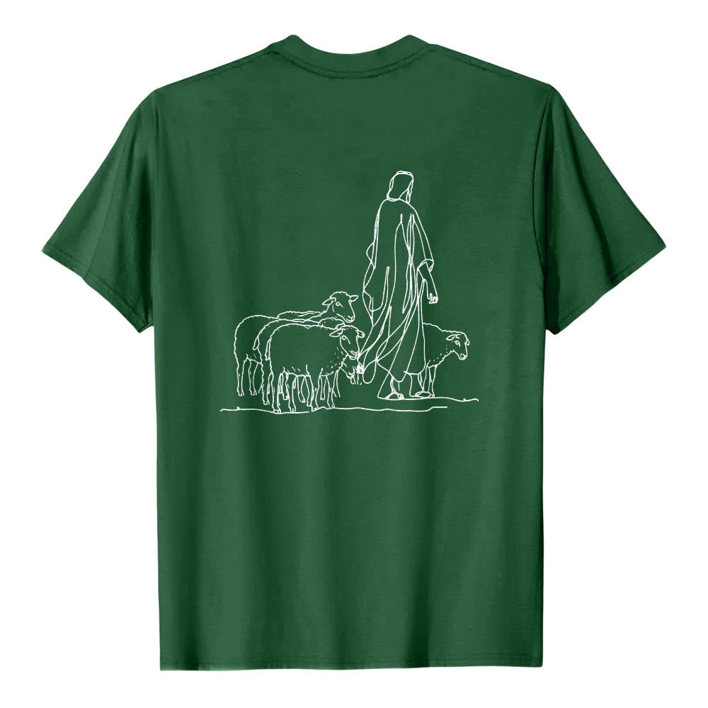 Christianartworkshop Wenn du am seidenen Faden hängst (Matthäus 9,22) Vorderseite: Hirte und Schafe ziehen zurück Premium Kurzarm-T-Shirt - image 8