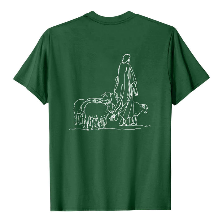 Christianartworkshop Wenn du am seidenen Faden hängst (Matthäus 9,22) Vorderseite: Hirte und Schafe ziehen zurück Premium Kurzarm-T-Shirt - image 8