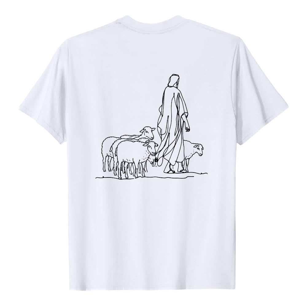 Christianartworkshop Wenn du am seidenen Faden hängst (Matthäus 9,22) Vorderseite: Hirte und Schafe ziehen zurück Premium Kurzarm-T-Shirt - image 5